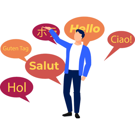 Boy is showing different words in different languages  イラスト