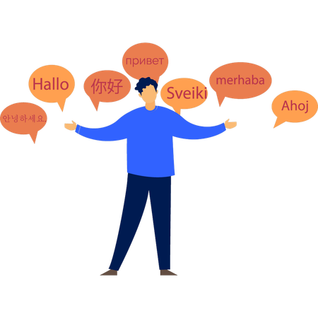 Boy is showing different words in different languages  イラスト