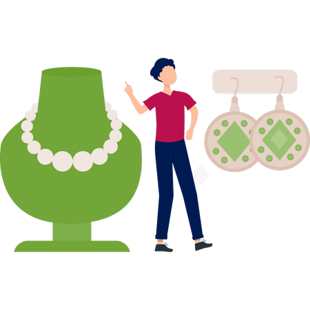 Boy is showing jewellery in shop  Illustration
