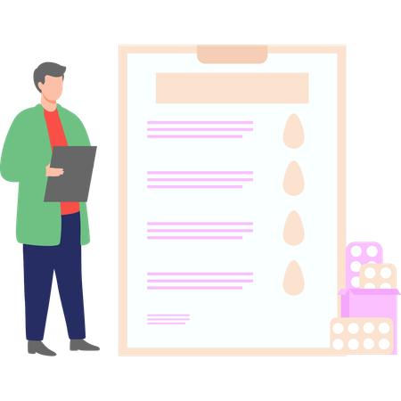 Boy is showing medical pills list  Illustration