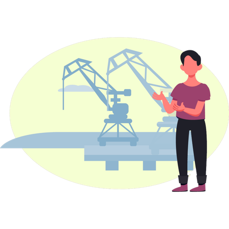 Boy is showing oil drilling station  Illustration