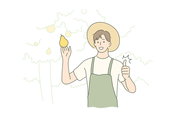 Boy is showing pear fruit  Illustration