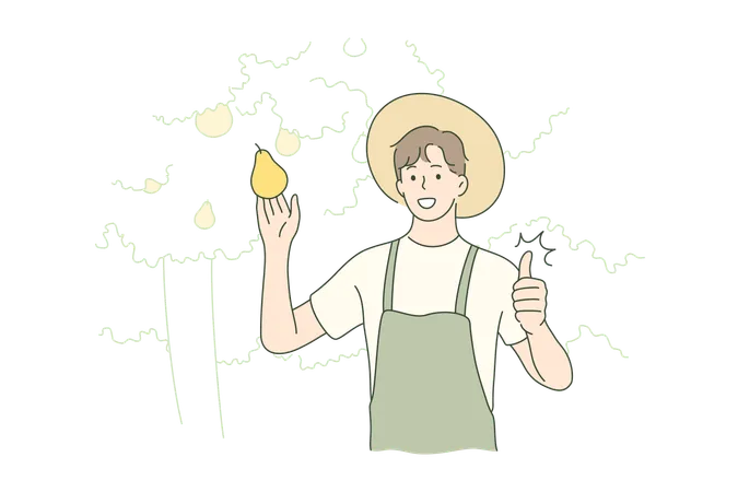 Boy is showing pear fruit  Illustration