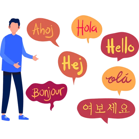 A Boy Showing Phrases Of Different Languages Illustration