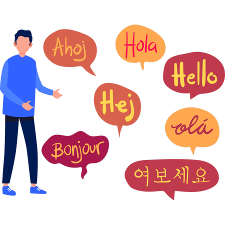 Boy is showing phrases of different languages  イラスト