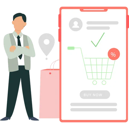 Boy is showing purchase on mobile  Illustration