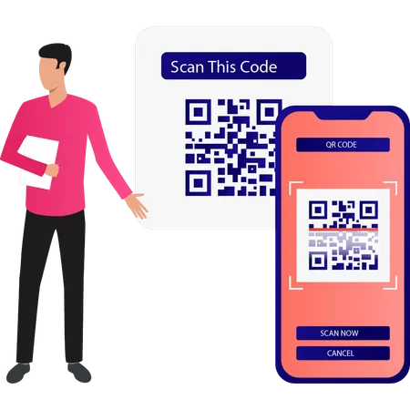 Boy is showing QR code on mobile  Illustration