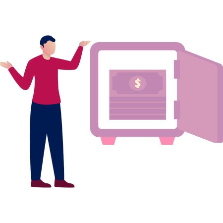 Boy is showing savings money locker  Illustration