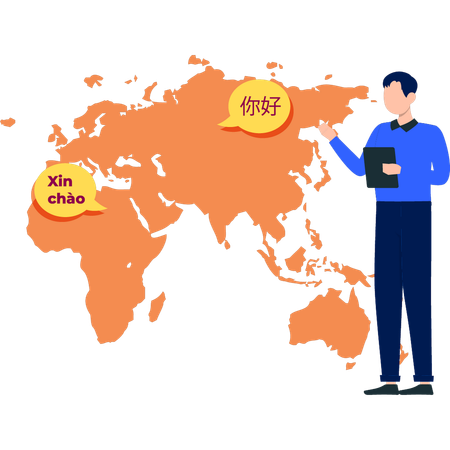 Boy is showing the countries of the world  イラスト