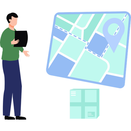Boy is showing the online delivery location  イラスト