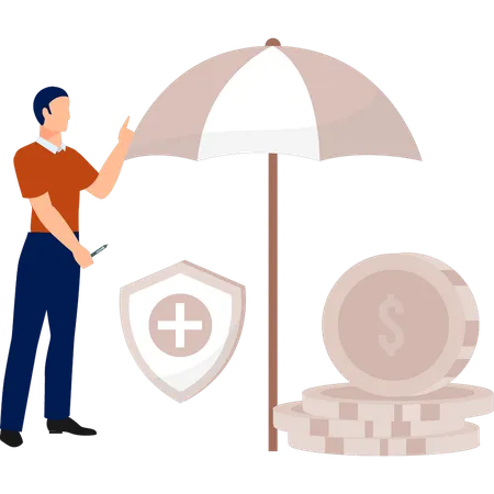 Boy is showing the protection of money  Illustration