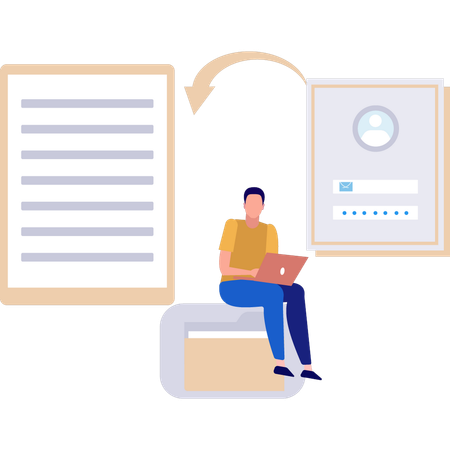 Boy is showing user account data being converted into a document  Illustration