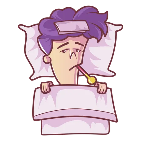 Boy is sick and sleeping on bed Illustration