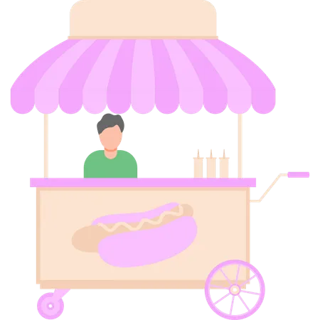 Boy is sitting at a hot dog stall  Illustration