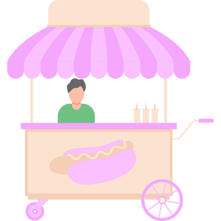 Boy is sitting at a hot dog stall  Illustration
