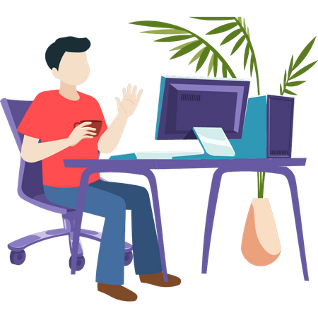 Boy is sitting at the desk with a cup of coffee for work  Illustration