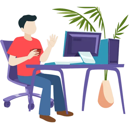 Boy is sitting at the desk with a cup of coffee for work  Illustration