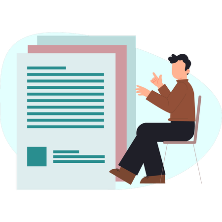 Boy is sitting chair looking document  Illustration