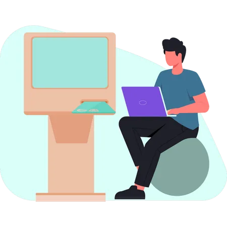 Boy is sitting couch using laptop  Illustration