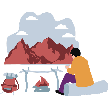 Boy is sitting near the bonfire  Illustration