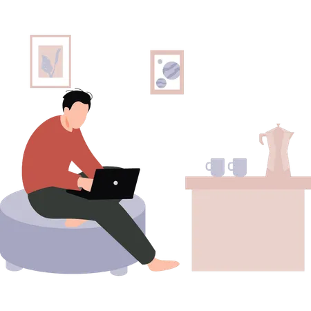 Boy is sitting on a sofa working on a laptop  Illustration