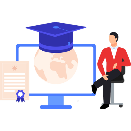 Boy is sitting on chair and showing global certificate  イラスト