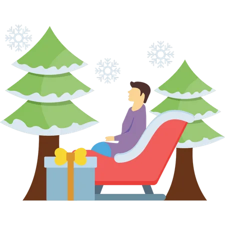 Boy is sitting on Santa's sled Illustration