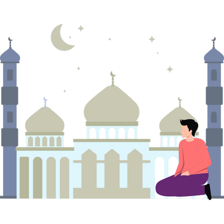 Boy is sitting outside mosque  イラスト