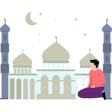 Boy is sitting outside mosque  Illustration