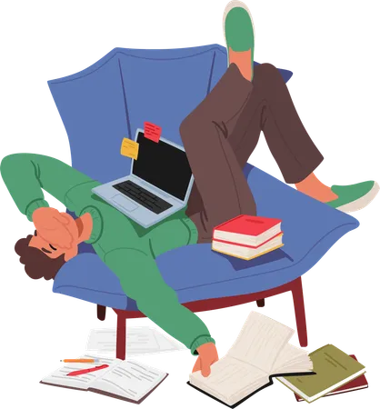 Tired Student Slumbers With Laptop Amidst A Sea Of Books Overwhelmed By Fatigue From Relentless Studying Yearning For A Peaceful Sleep And Break From Academic Pressures Cartoon Vector Illustration イラスト