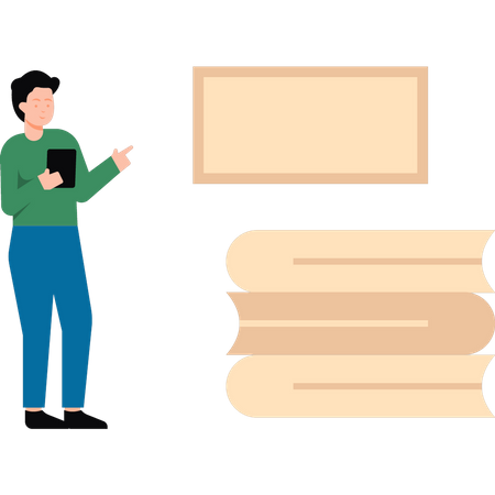 Boy is standing by the books  Illustration