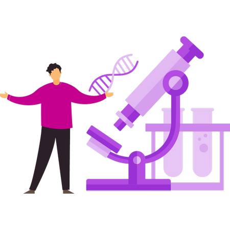 Boy is standing by the microscope  Illustration