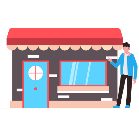 Boy is standing by the shop  Illustration