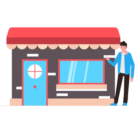 Boy is standing by the shop  Illustration