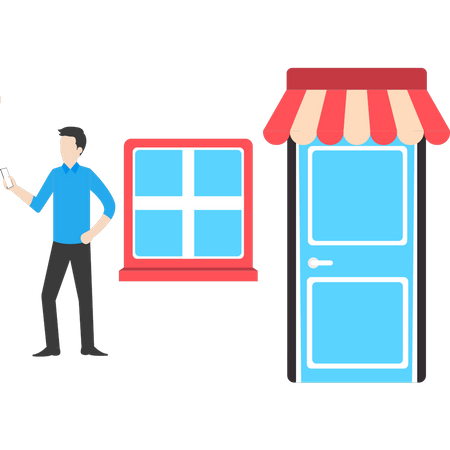 Boy is standing by the shop  Illustration