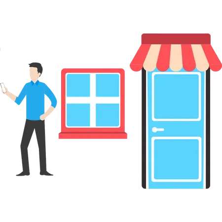 Boy is standing by the shop  Illustration