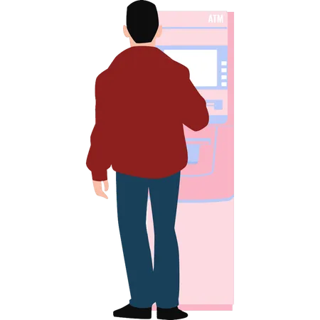 The Boy Is Standing In Front Of Atm Machine Illustration