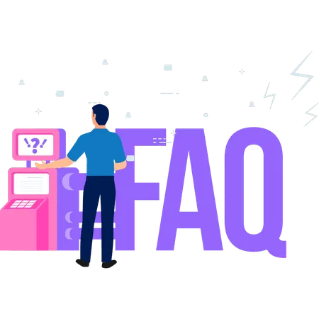 Boy is standing in front of FAQ machine  Illustration