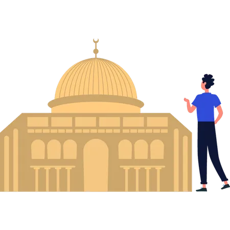 Boy is standing in front of mosque  Illustration