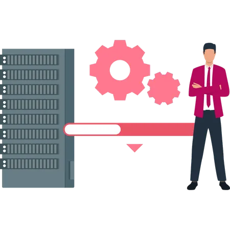 Boy is standing near database server  Illustration