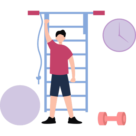 Boy is standing near gym equipment  Illustration