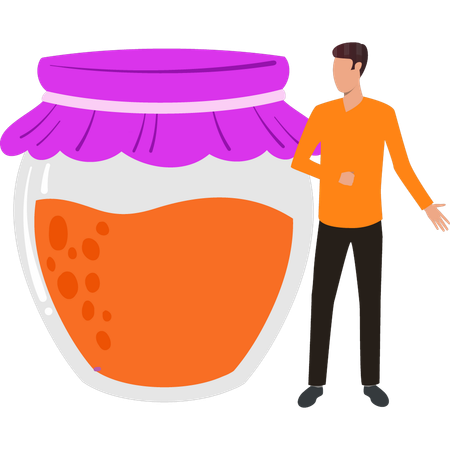 Boy is standing near the honey jar  Illustration