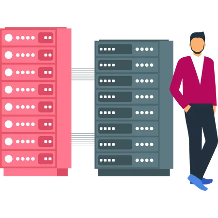 The Boy Is Standing Near The Server Connection Illustration
