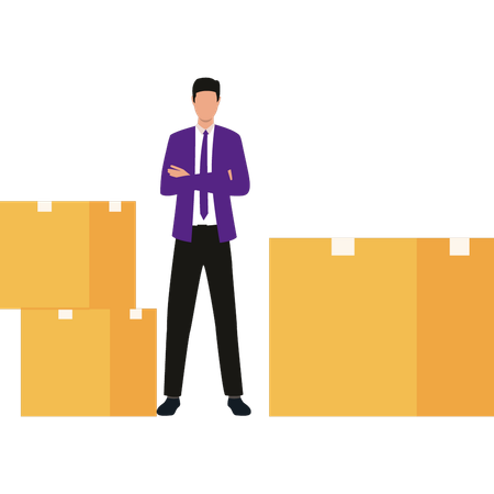 Boy is standing next to a cardboard package  Illustration