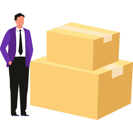 Boy is standing next to delivery packages  Illustration
