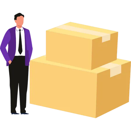 Boy is standing next to delivery packages  Illustration