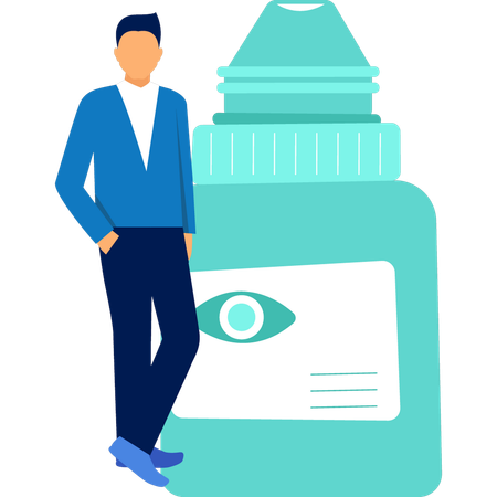 Boy is standing next to eye drop bottle  Illustration