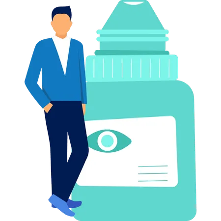 Boy is standing next to eye drop bottle  Illustration