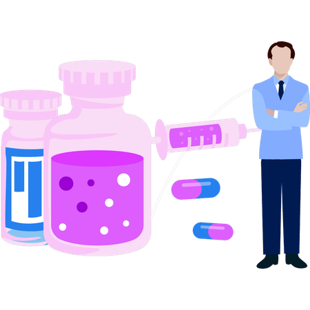 Boy is standing next to the chemical bottles  Illustration