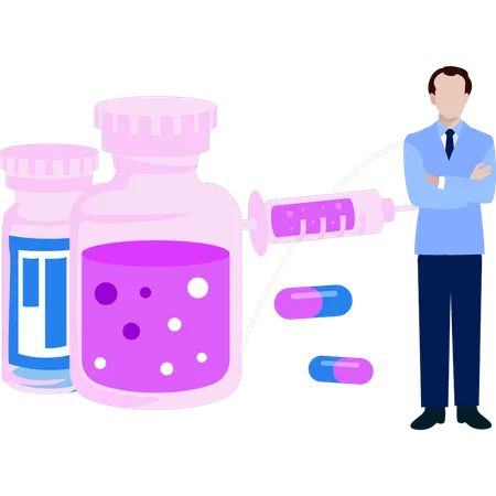 Boy is standing next to the chemical bottles  Illustration